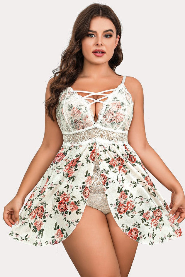 Plus Size Floral Babydoll Teddy Lingerie with Lace Cups and Criss-Cross Straps