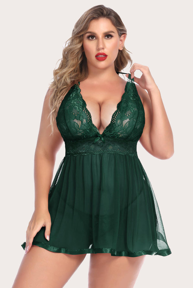 Plus Size Sheer Lace Mesh Babydoll in Green. Featuring halter tie straps, V-neck, and satin trim.