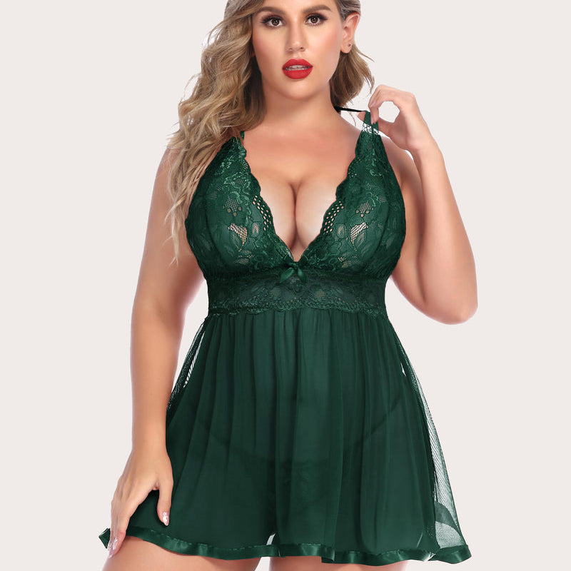 Plus Size Sheer Lace Mesh Babydoll in Green. Featuring halter tie straps, V-neck, and satin trim.