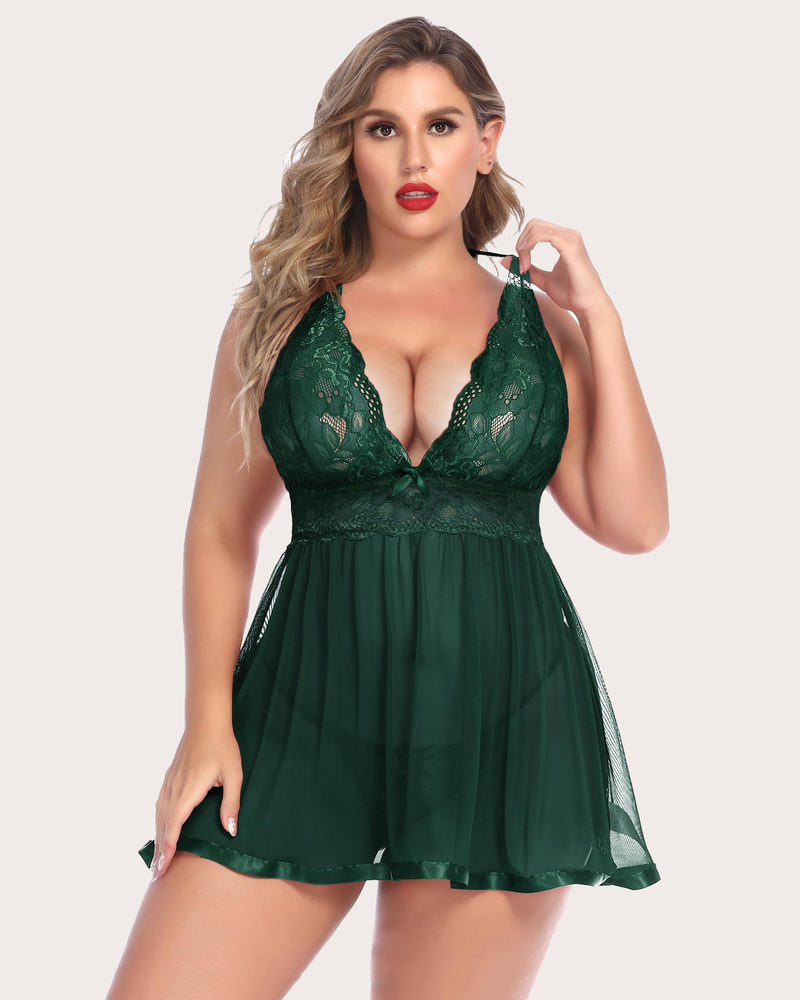 Plus Size Sheer Lace Mesh Babydoll in Green. Featuring halter tie straps, V-neck, and satin trim.