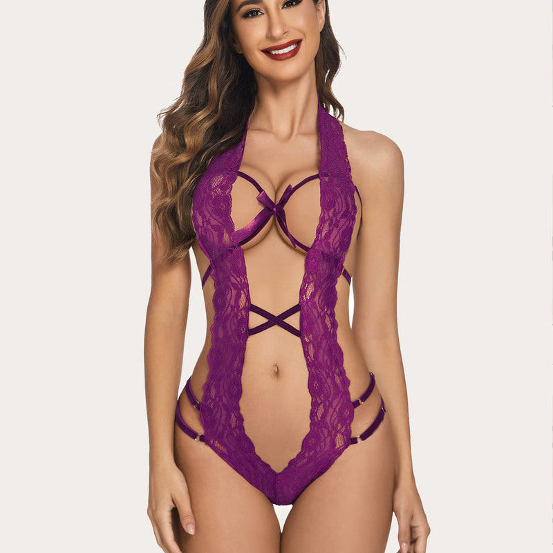 Purple lace deep V halter teddy lingerie with bow detail and backless design, sensual wear.
