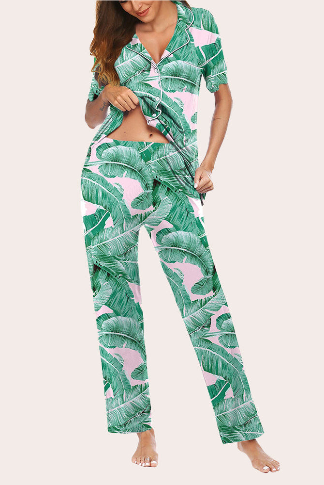 Green leaf print pajama set for women: Button-down shirt and long pants. Comfortable sleepwear.