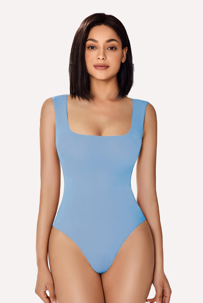 Light blue square neck bodysuit: form-fitting shapewear, smooth silhouette and bodyline