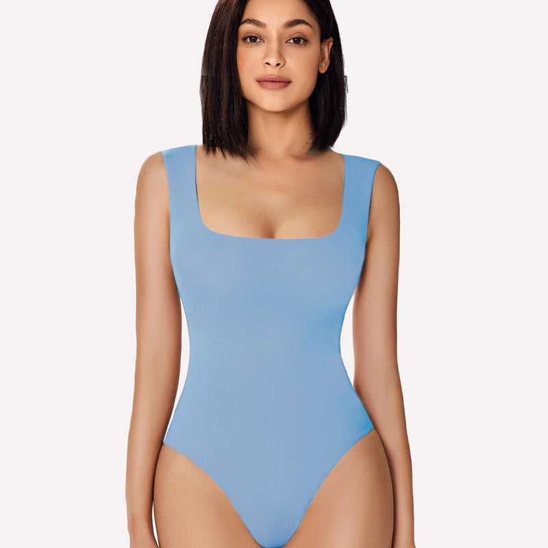 Light blue square neck bodysuit: form-fitting shapewear, smooth silhouette and bodyline