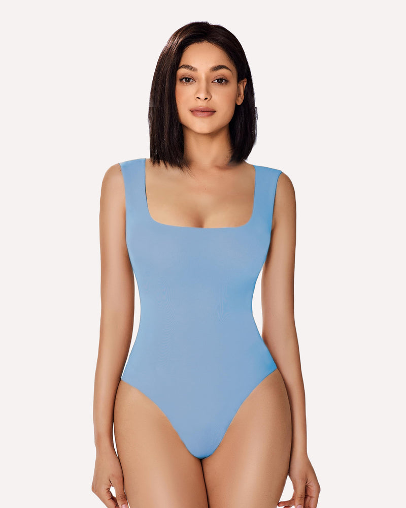 Avidlove light blue square neck bodysuit shapewear, smooth fit, highlighting body curves.