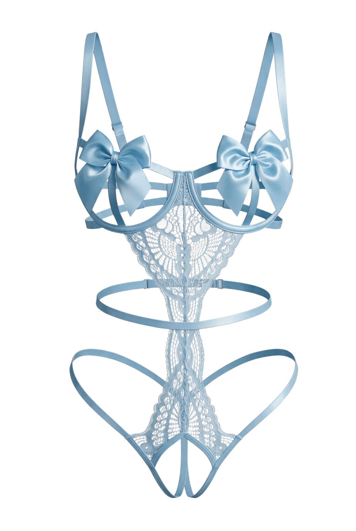Light blue floral lace teddy with satin bow underwire cups and strappy cutouts