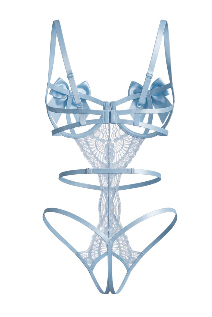 Sky blue floral lace teddy with satin bow underwire cups and strappy cutouts