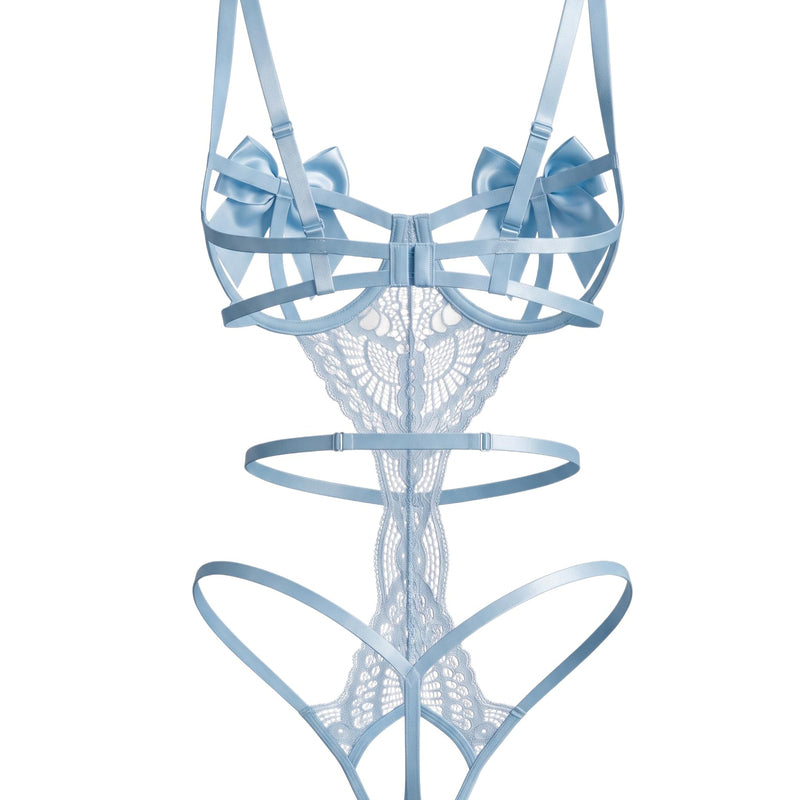 Sky blue floral lace teddy with satin bow underwire cups and strappy cutouts