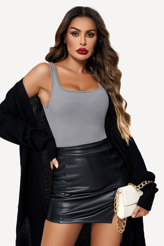 Light grey ribbed square-neck sleeveless bodysuit with snug fit