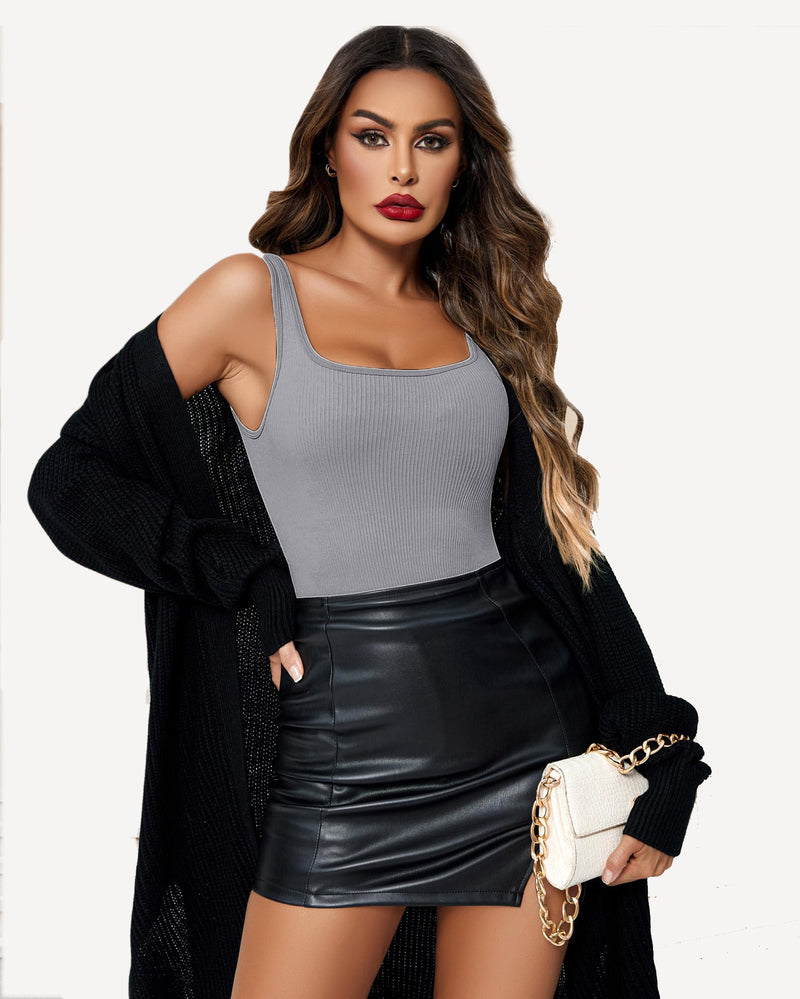 Avidlove gray ribbed square neck bodysuit. Sleeveless design, perfect for layering or wearing alone.