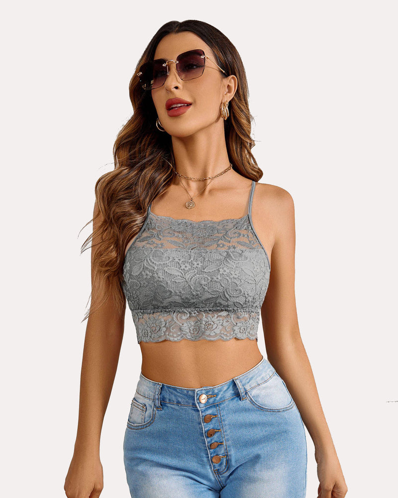 Gray lace racerback bralette with jeans. Stylish and comfortable lingerie with lace details.