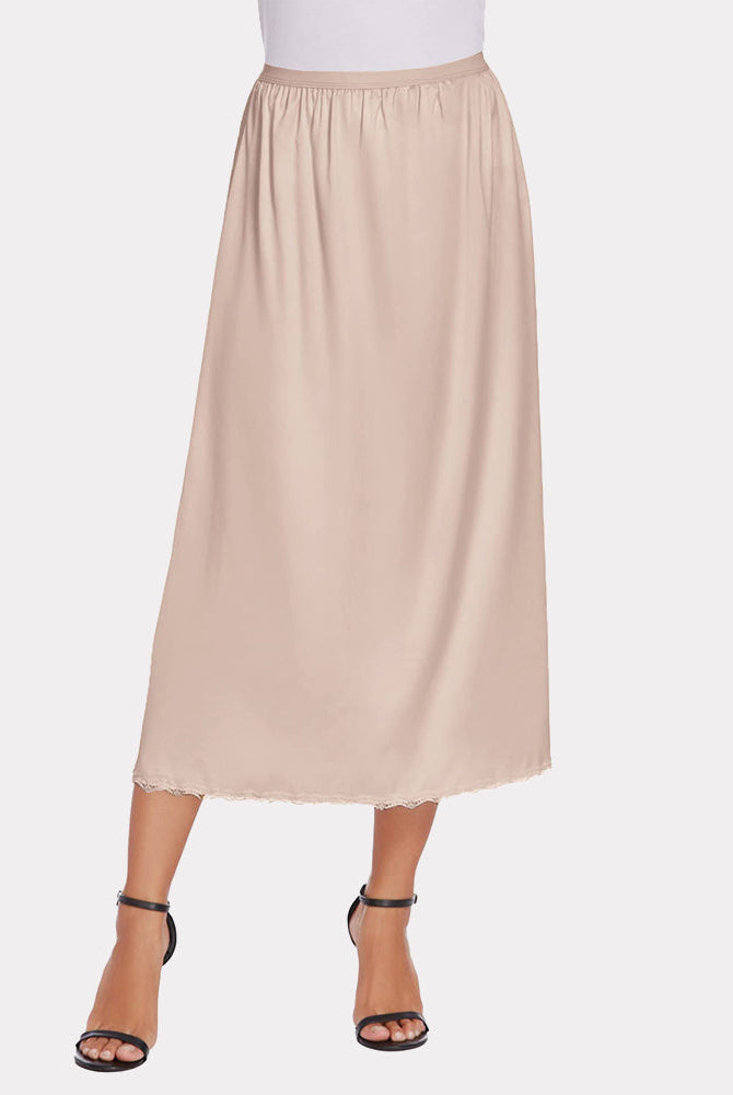 Beige satin half slip with lace trim, a feminine and comfortable long underskirt for women.
