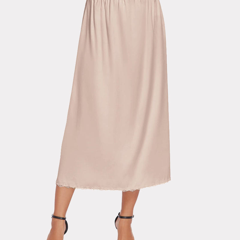Beige satin half slip with lace trim, a feminine and comfortable long underskirt for women.