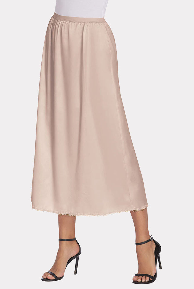 Beige satin half slip with lace trim, elegant long underskirt for women.