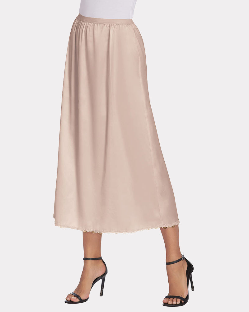 Beige satin half slip with lace trim, elegant long underskirt for women.