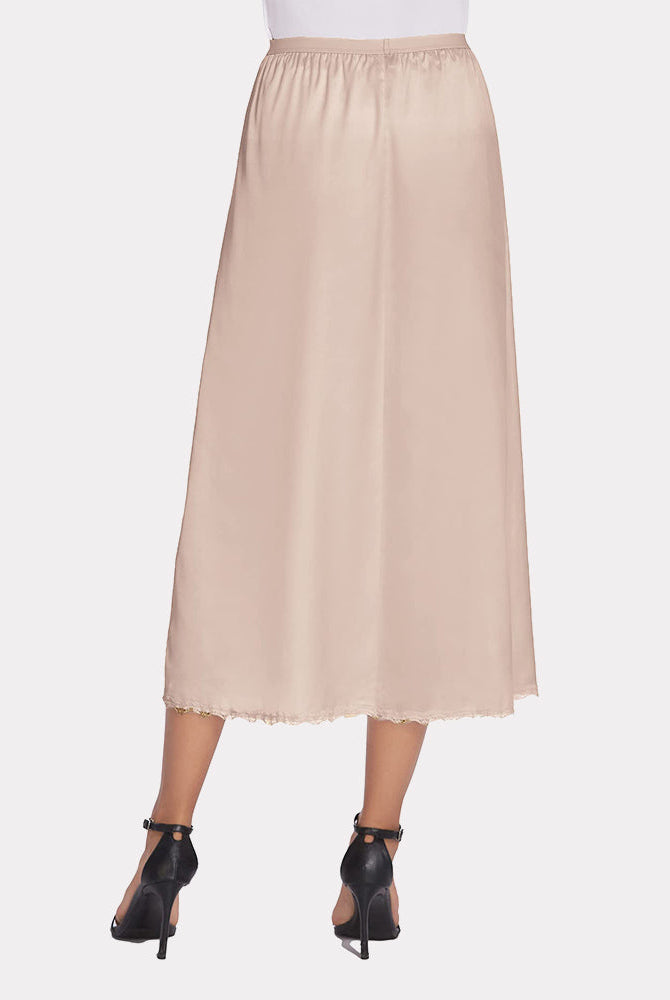 Beige satin half slip long underskirt with lace trim. Feminine, comfortable design for women.