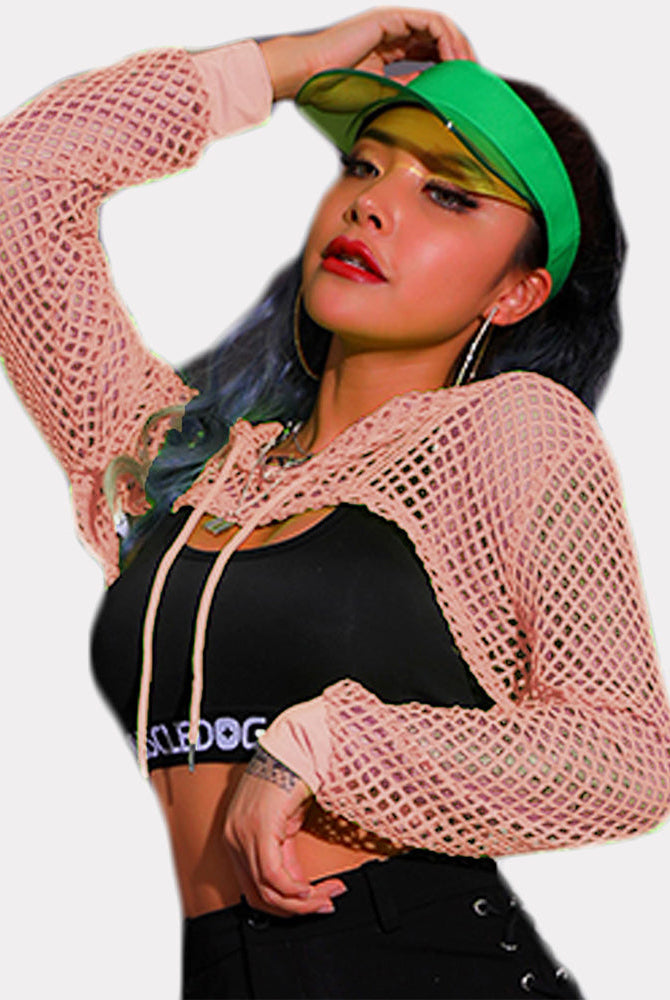 Pink mesh hoodie crop top with black bra, green visor and confident look, sexy lingerie