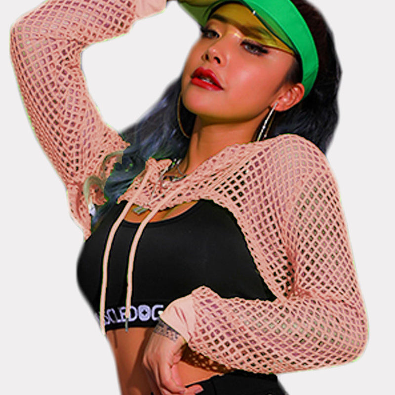 Pink mesh hoodie crop top with black bra, green visor and confident look, sexy lingerie