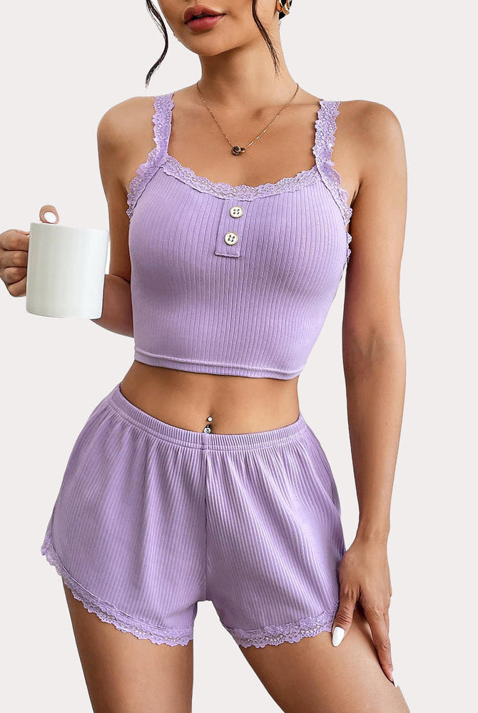 Lavender ribbed lace trim pajama set: Cami top and shorts, comfortable sleepwear.
