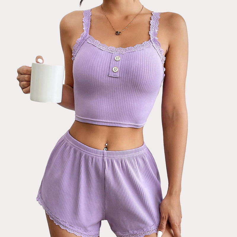Lavender ribbed lace trim pajama set: Cami top and shorts, comfortable sleepwear.