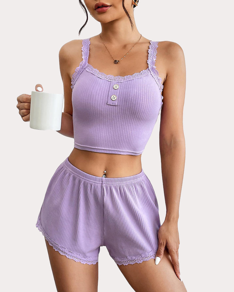 Lavender ribbed lace trim pajama set: Cami top and shorts, comfortable sleepwear.