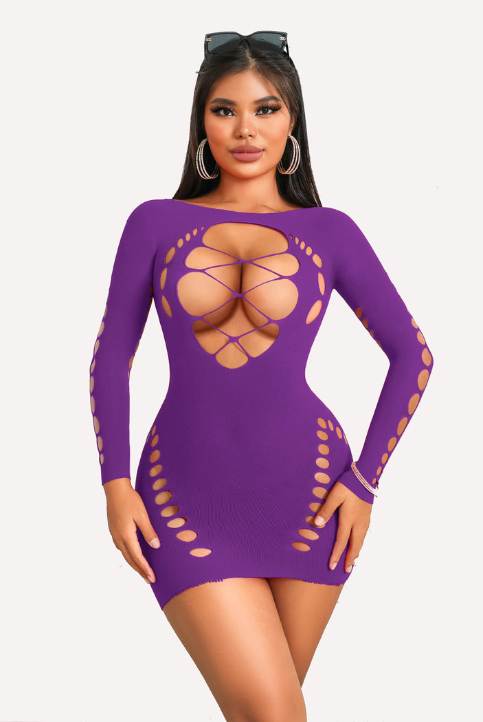 Purple long sleeve fishnet mini dress with cut-out details. Sexy lingerie for women.