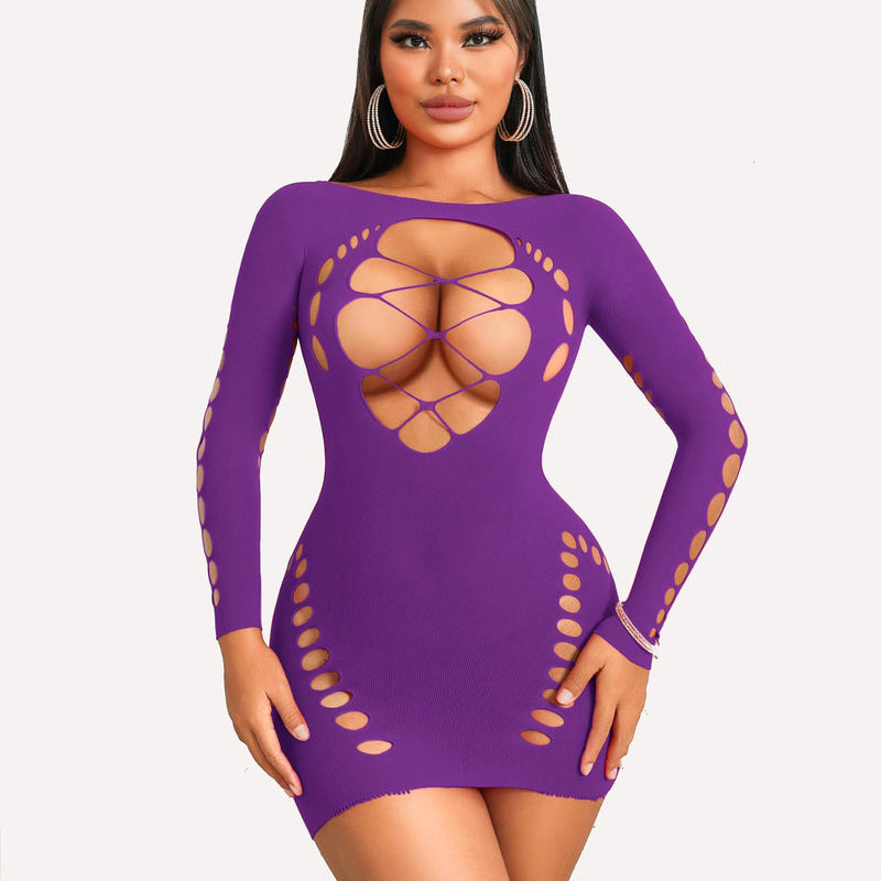 Purple long sleeve fishnet mini dress with cut-out details. Sexy lingerie for women.