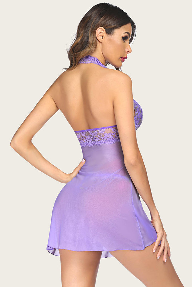 Lilac halter lace babydoll lingerie, sheer design, floral details, and bridal wear.