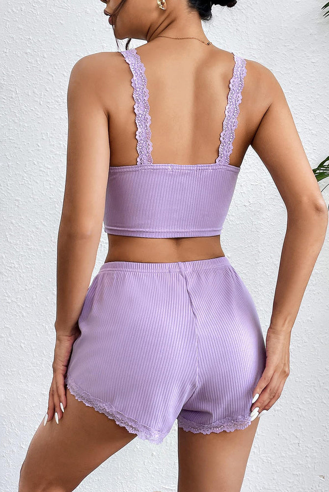 Lavender lace trim ribbed pajama set: Cami top and shorts. Comfortable sleepwear.