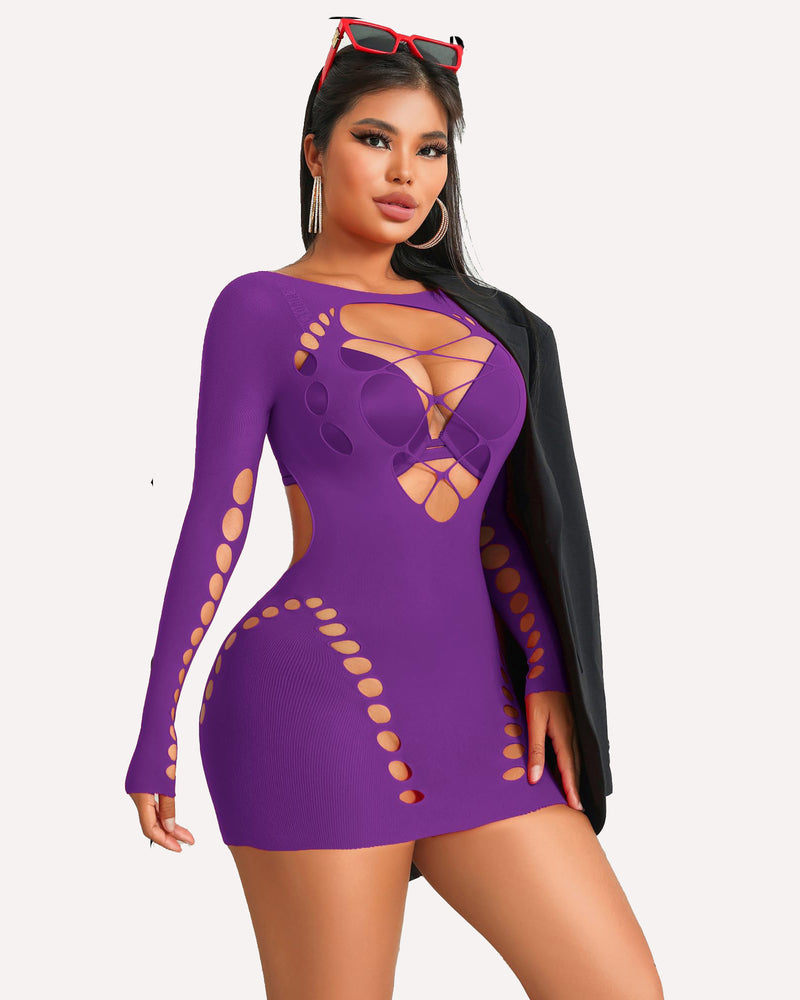 Sexy purple fishnet dress with cut-outs and long sleeves. Form-fitting lingerie to enhance curves.