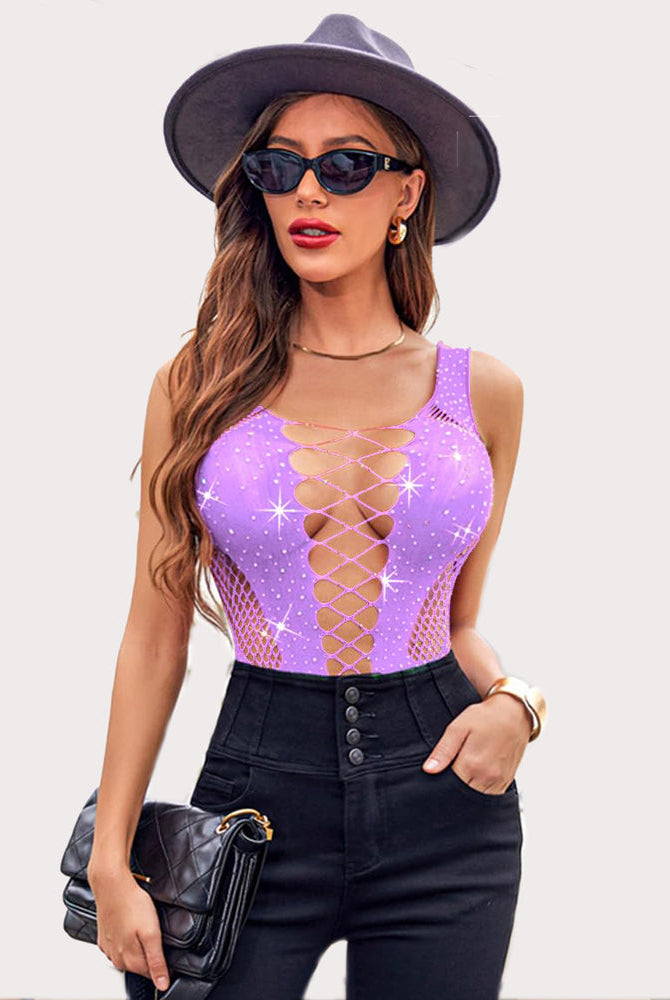 Lavender mesh fishnet rhinestone bodysuit with lace-up design for women, black high-waisted pants