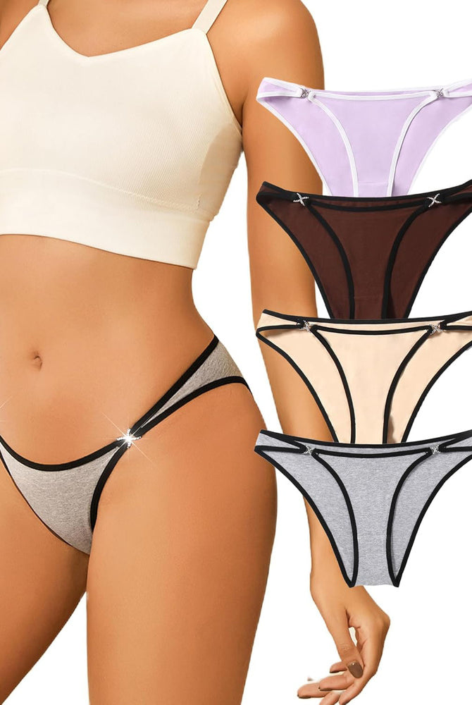 Cotton thong panties with rhinestone accents in gray, beige, brown, and lavender, sensual lingerie.