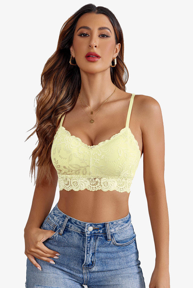 Yellow floral lace bralette crop top by Avidlove. Sexy lingerie with denim shorts. V-neck design.