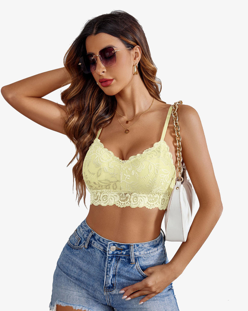 Pale yellow floral lace bralette crop top by Avidlove. Sexy lingerie with denim shorts and V-neck.