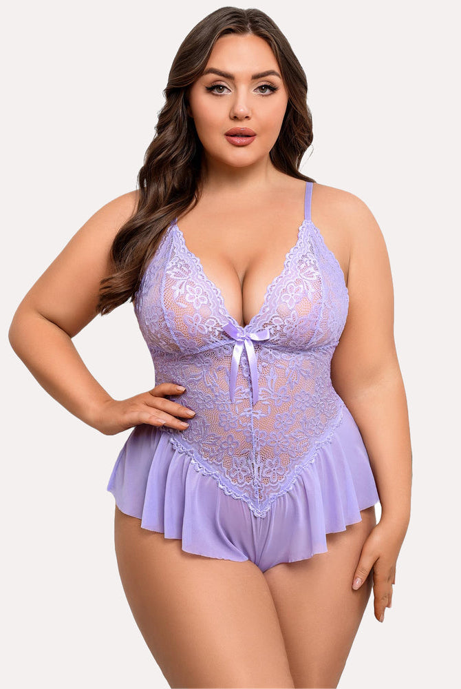 Plus size lavender lace teddy bodysuit with adjustable straps. Sexy lingerie for women.