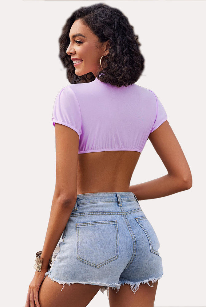 Lilac crop top with short sleeves and open back with jean shorts for cosplay or daily wear