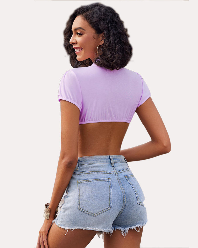 Lilac crop top with short sleeves and open back with jean shorts for cosplay or daily wear
