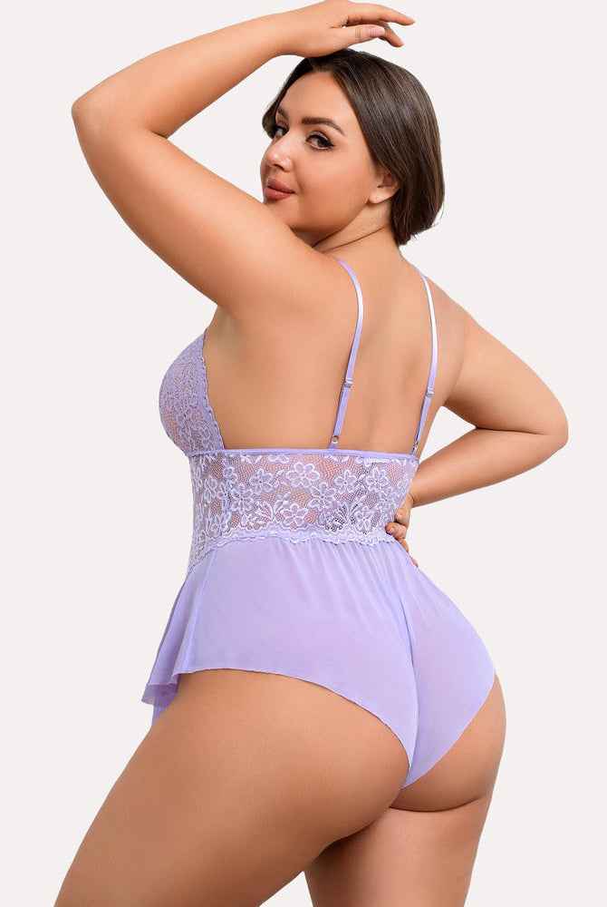 Plus size lilac lace teddy bodysuit with adjustable straps and lace detail. Sexy lingerie.