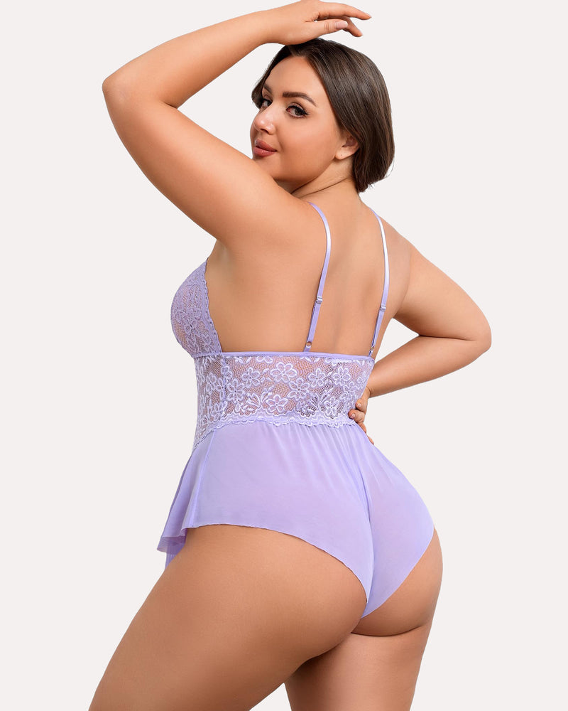 Plus size lilac lace teddy bodysuit with adjustable straps and lace detail. Sexy lingerie.