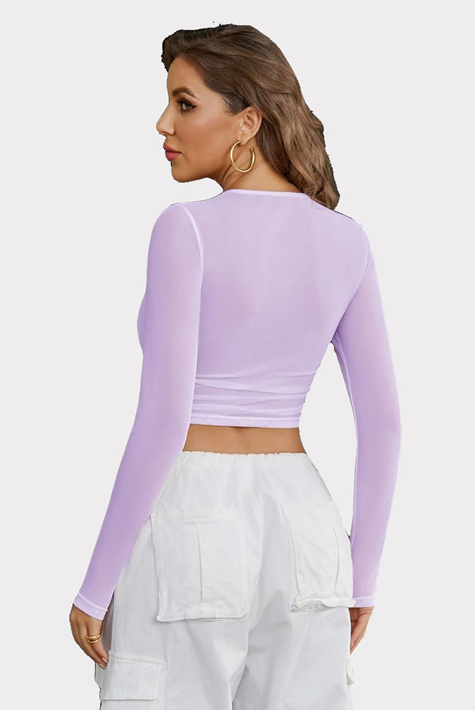 Lavender sheer mesh long sleeve crop top from Avidlove, perfect for parties and nightclubs
