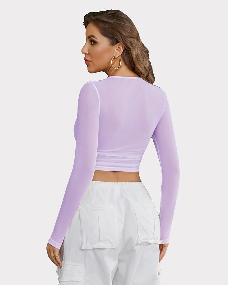 Lavender sheer mesh long sleeve crop top from Avidlove, perfect for parties and nightclubs