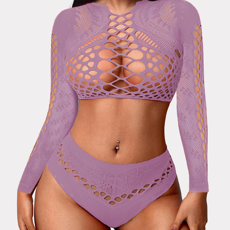 Lavender fishnet two-piece lingerie set with long sleeves and high waist, showing curves.