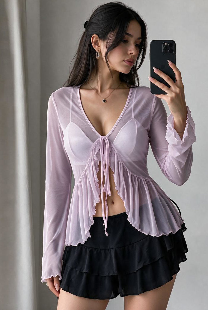 Lilac sheer mesh bolero shrug with tie-front and flared ruffle hem, long sleeves