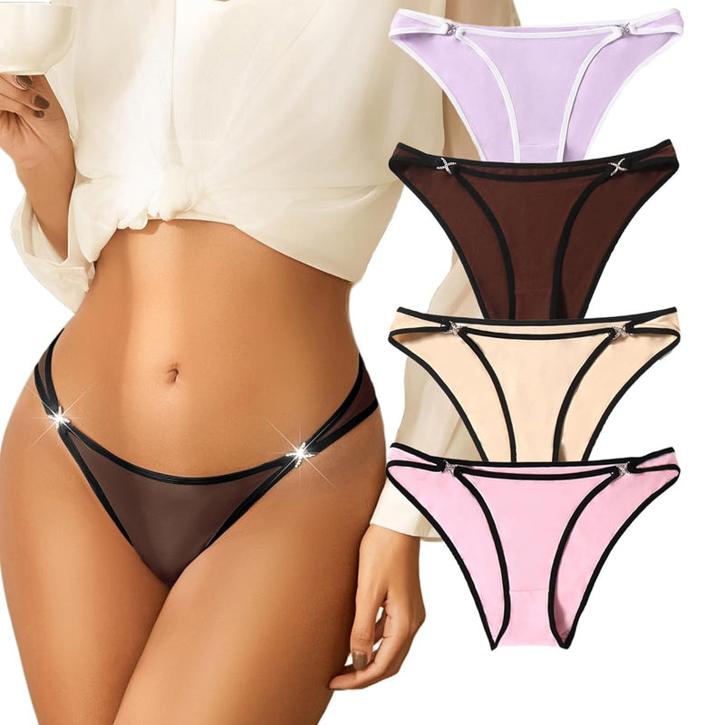 Low rise thong panties with rhinestone accents in various colors, sensual lingerie.