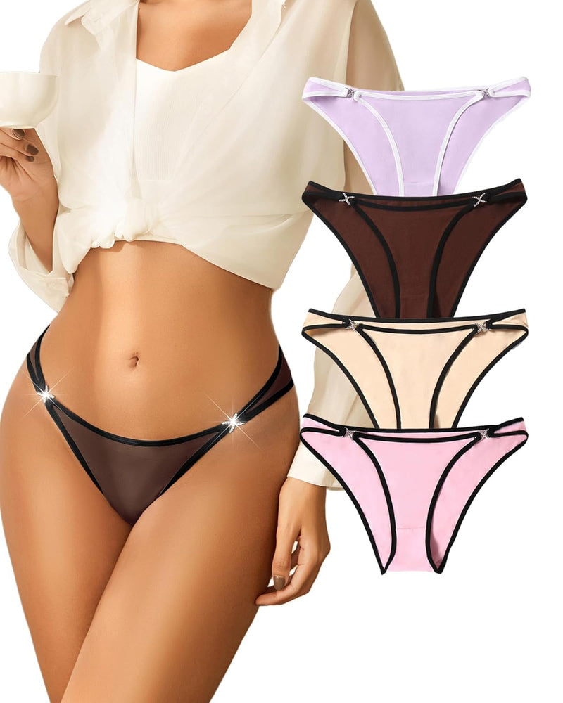 Low rise thong panties with rhinestone accents in various colors, sensual lingerie.