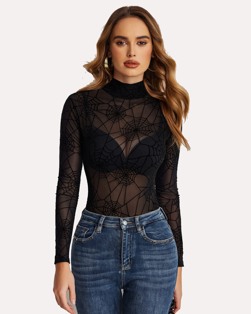 Black spiderweb mesh bodysuit with turtleneck and blue jeans; sexy lingerie for women