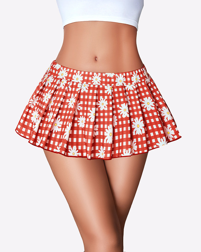 Red gingham pleated mini skirt with daisy print, role play outfit. Sexy, charming, and cute.