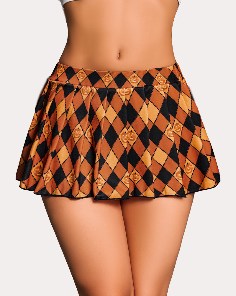 Orange and black plaid mini skirt with pumpkin pattern. Perfect for cosplay student uniform.