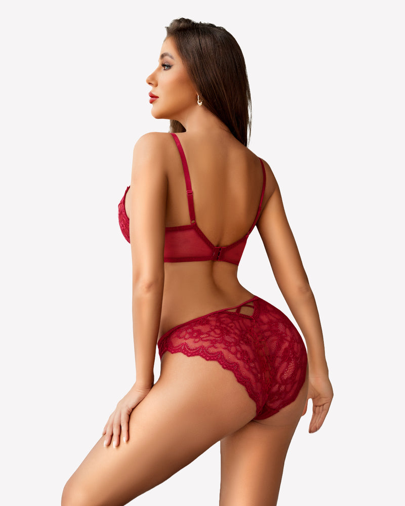 Ruby red Avidlove lace lingerie set, strappy bra and panty, perfect for a sweet nightwear look