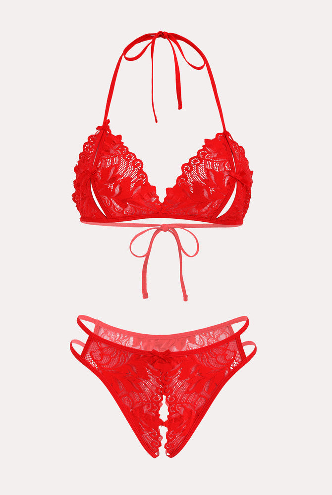 Red lace halter bra and panty set with floral details, and a playful, sexy allure.